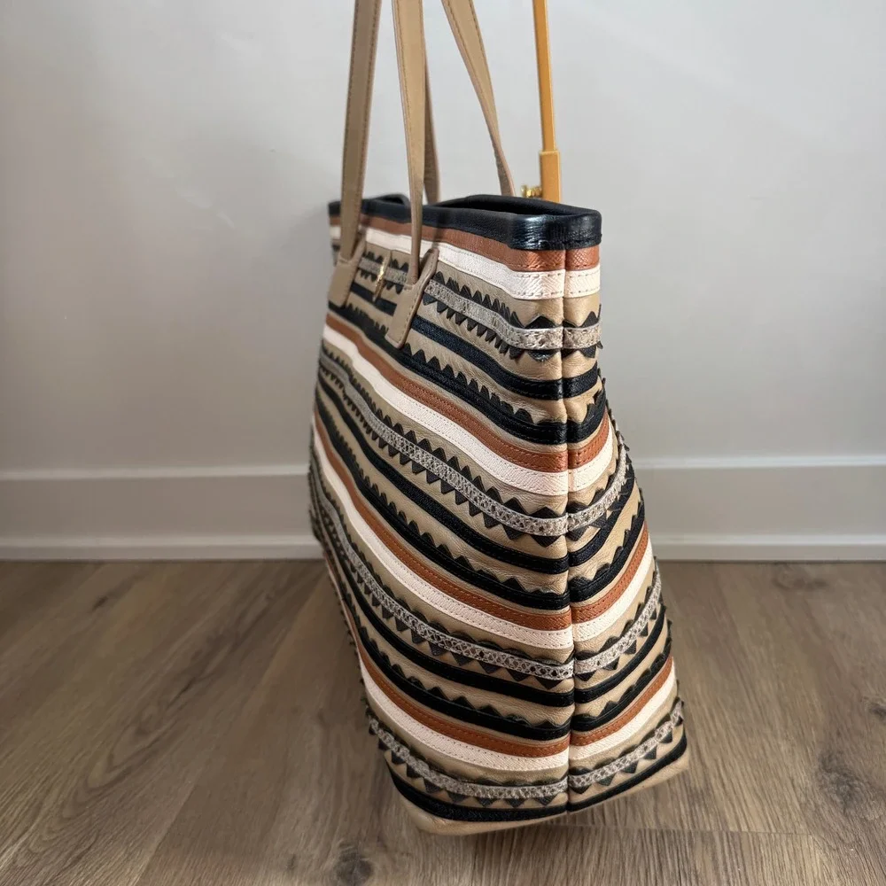 Tory Burch Kerrington Striped Zig Zag Snakeskin Leather Tote Bag Tan Black Multi
